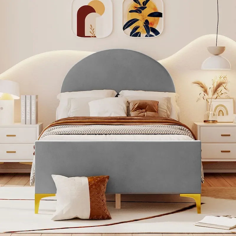 Letto a piattaforma singolo in velluto grigio/beige/rosa con testiera semicircolare, 1 posto