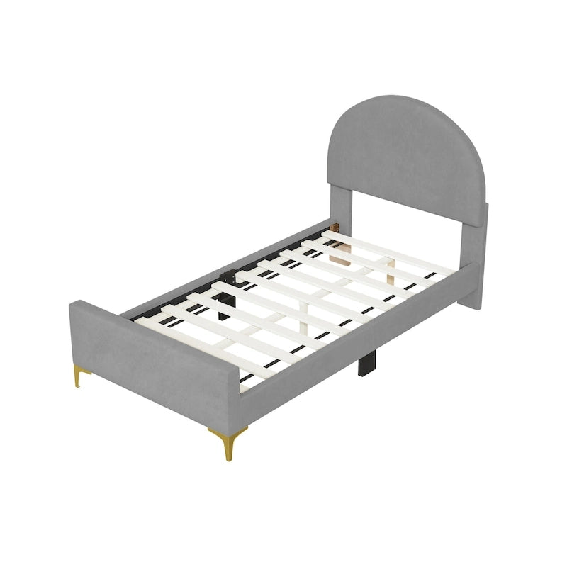 Letto a piattaforma singolo in velluto grigio/beige/rosa con testiera semicircolare, 1 posto