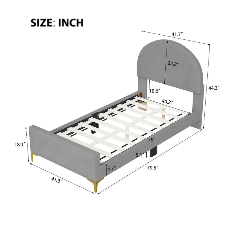 Letto a piattaforma singolo in velluto grigio/beige/rosa con testiera semicircolare, 1 posto