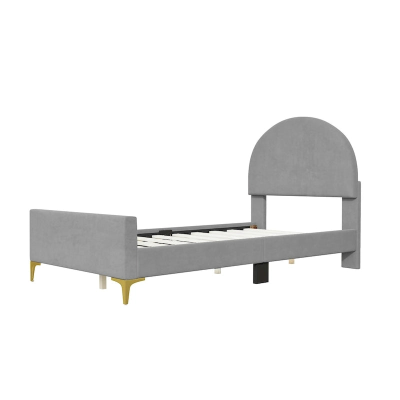 Letto a piattaforma singolo in velluto grigio/beige/rosa con testiera semicircolare, 1 posto
