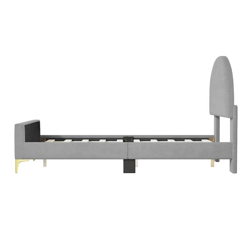 Letto a piattaforma singolo in velluto grigio/beige/rosa con testiera semicircolare, 1 posto
