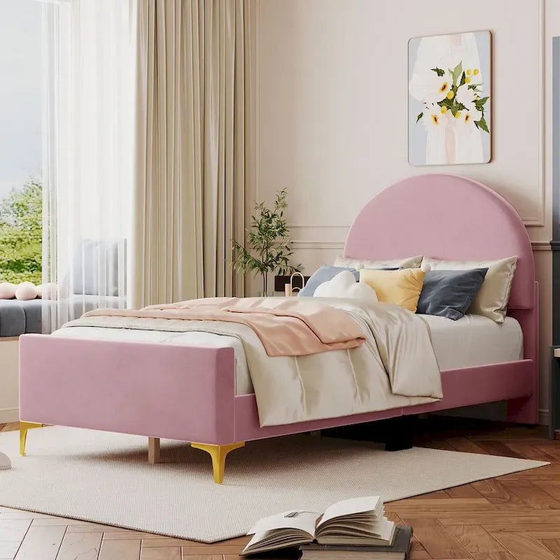Letto a piattaforma singolo in velluto grigio/beige/rosa con testiera semicircolare, 1 posto