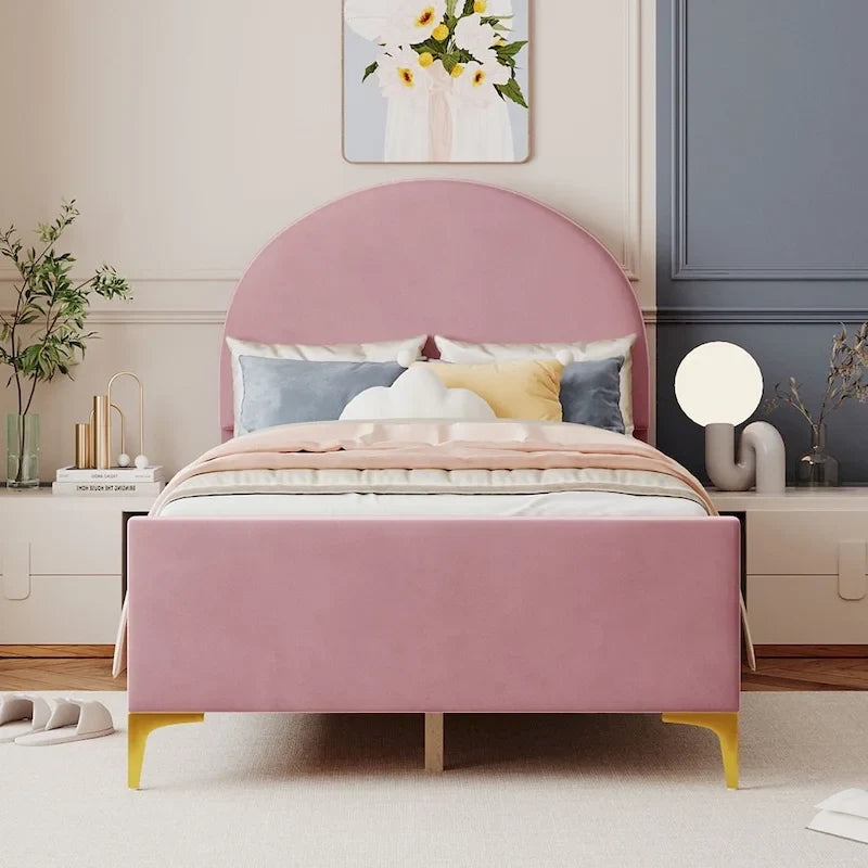 Letto a piattaforma singolo in velluto grigio/beige/rosa con testiera semicircolare, 1 posto