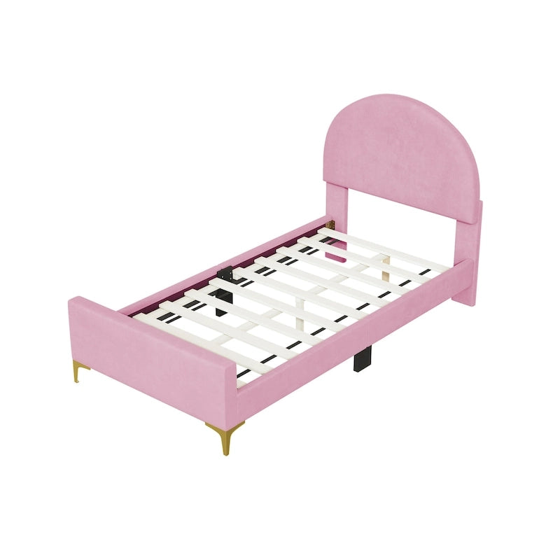 Letto a piattaforma singolo in velluto grigio/beige/rosa con testiera semicircolare, 1 posto