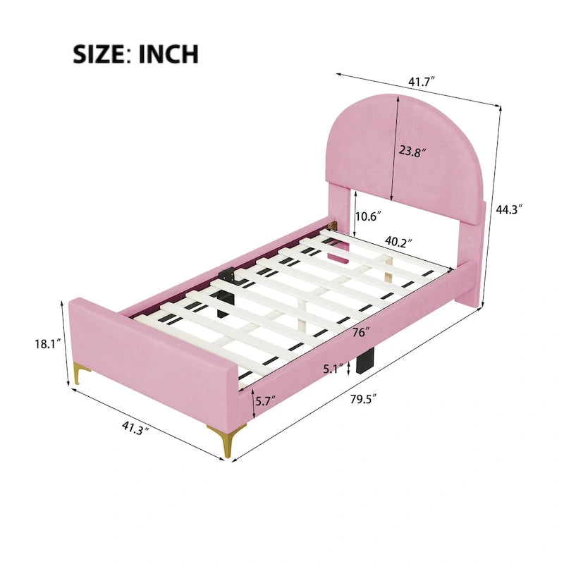 Letto a piattaforma singolo in velluto grigio/beige/rosa con testiera semicircolare, 1 posto