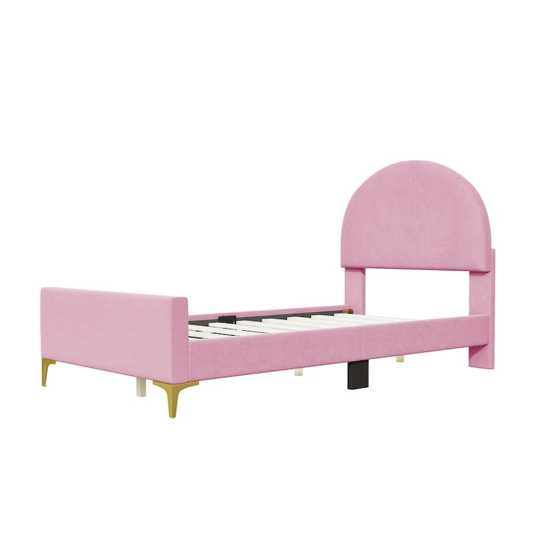 Letto a piattaforma singolo in velluto grigio/beige/rosa con testiera semicircolare, 1 posto