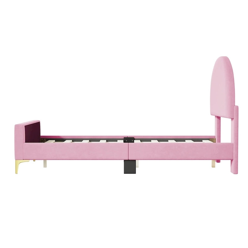 Letto a piattaforma singolo in velluto grigio/beige/rosa con testiera semicircolare, 1 posto