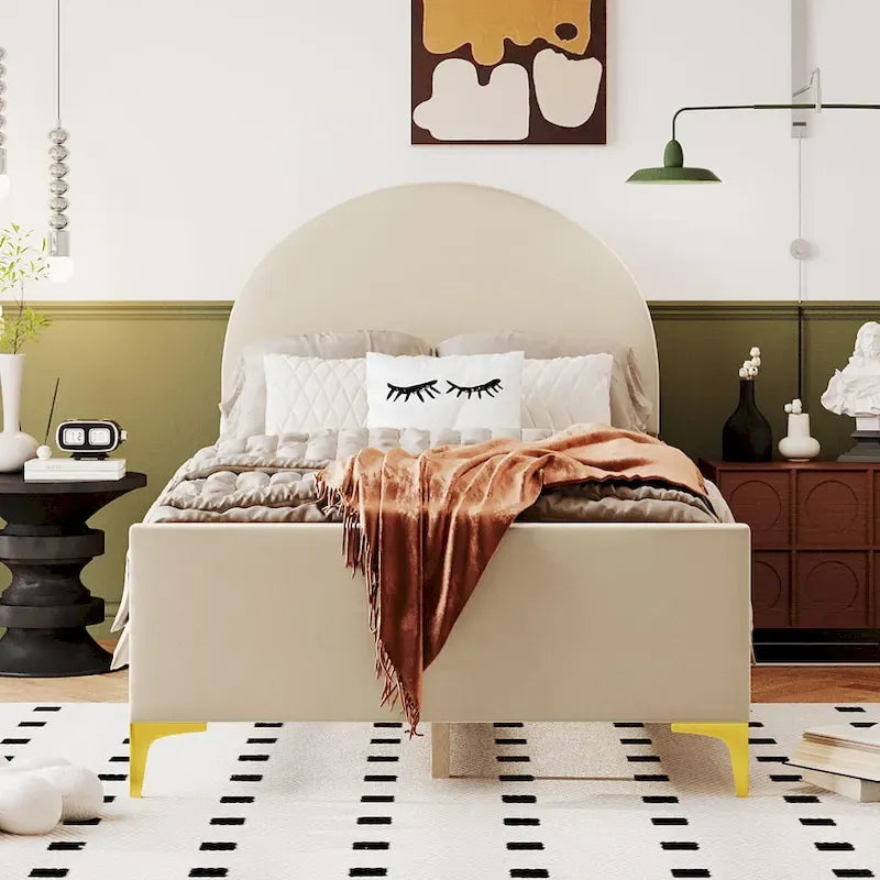 Letto a piattaforma singolo in velluto grigio/beige/rosa con testiera semicircolare, 1 posto