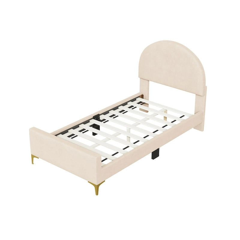 Letto a piattaforma singolo in velluto grigio/beige/rosa con testiera semicircolare, 1 posto