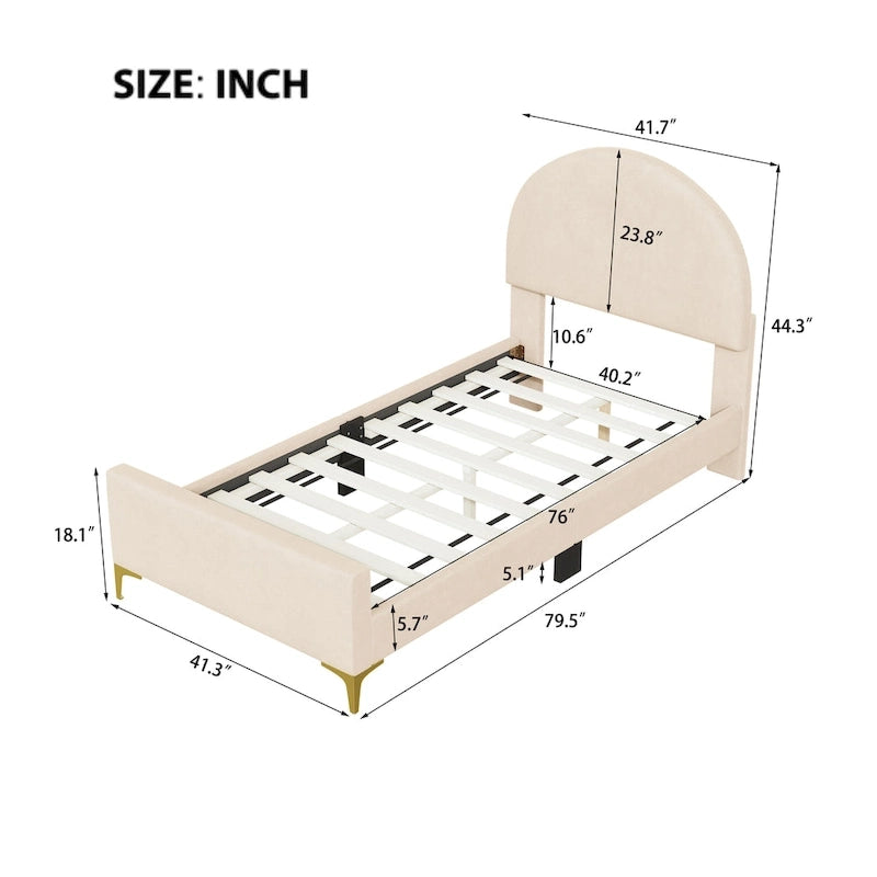 Letto a piattaforma singolo in velluto grigio/beige/rosa con testiera semicircolare, 1 posto