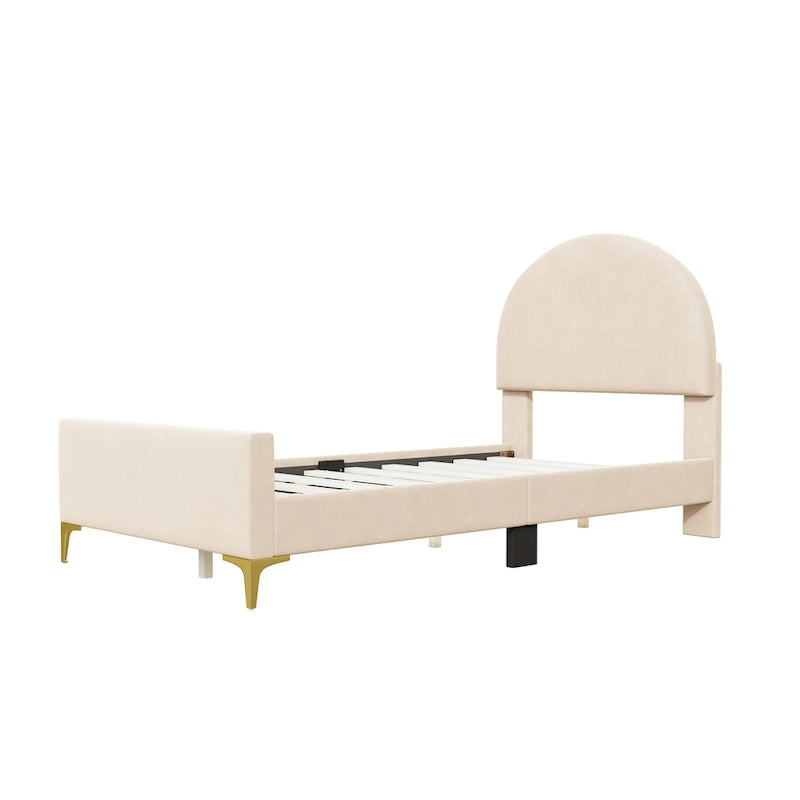 Letto a piattaforma singolo in velluto grigio/beige/rosa con testiera semicircolare, 1 posto