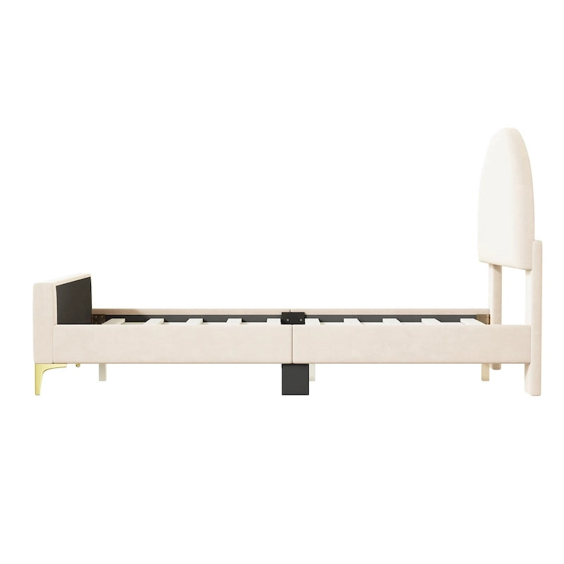 Letto a piattaforma singolo in velluto grigio/beige/rosa con testiera semicircolare, 1 posto