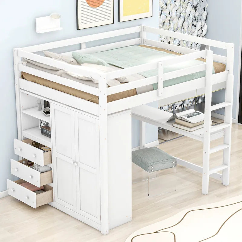 Letto a soppalco bianco/grigio con armadio, scrivania e contenitore, una piazza e mezza, 1 persona