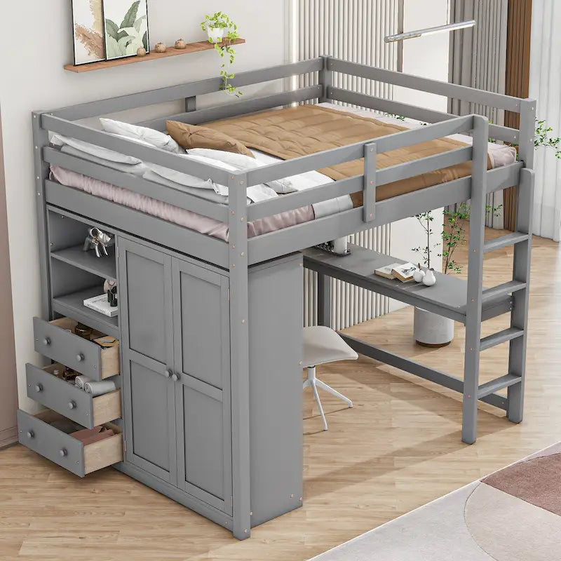 Letto a soppalco bianco/grigio con armadio, scrivania e contenitore, una piazza e mezza, 1 persona