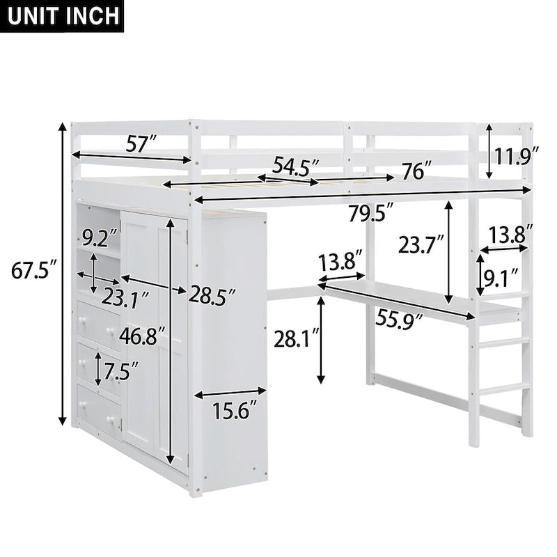 Full Solid Wood Loft Bed with Wardrobe & Desk