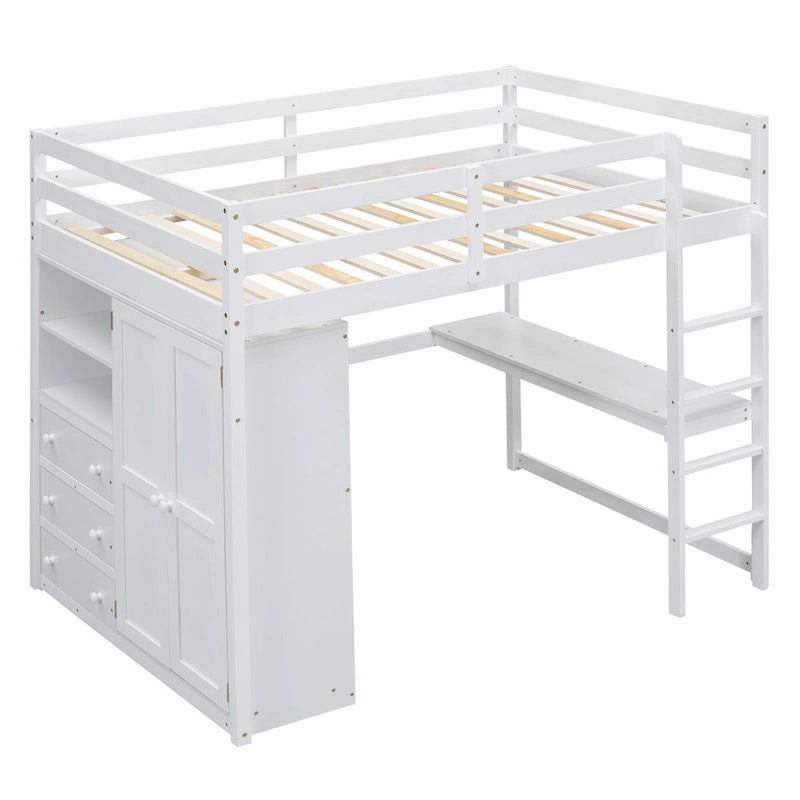Letto a soppalco bianco/grigio con armadio, scrivania e contenitore, una piazza e mezza, 1 persona