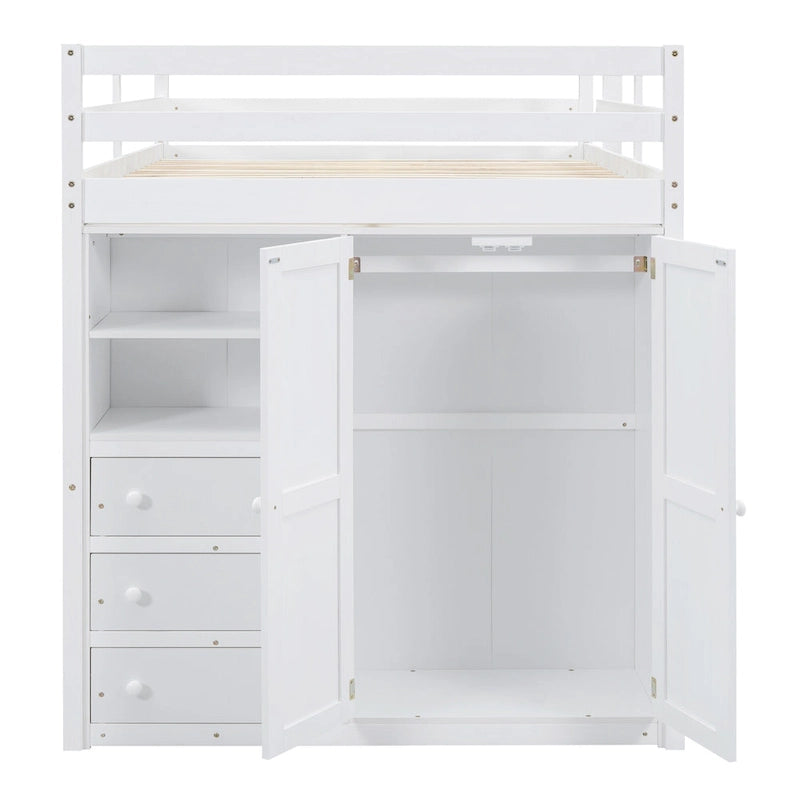 Letto a soppalco bianco/grigio con armadio, scrivania e contenitore, una piazza e mezza, 1 persona
