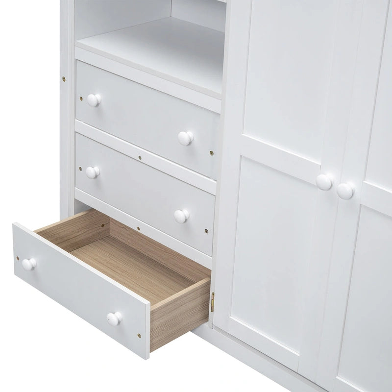 Letto a soppalco bianco/grigio con armadio, scrivania e contenitore, una piazza e mezza, 1 persona