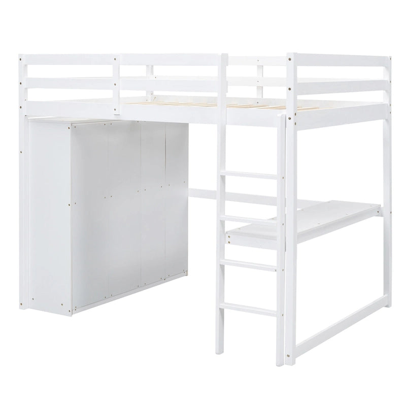 Letto a soppalco bianco/grigio con armadio, scrivania e contenitore, una piazza e mezza, 1 persona