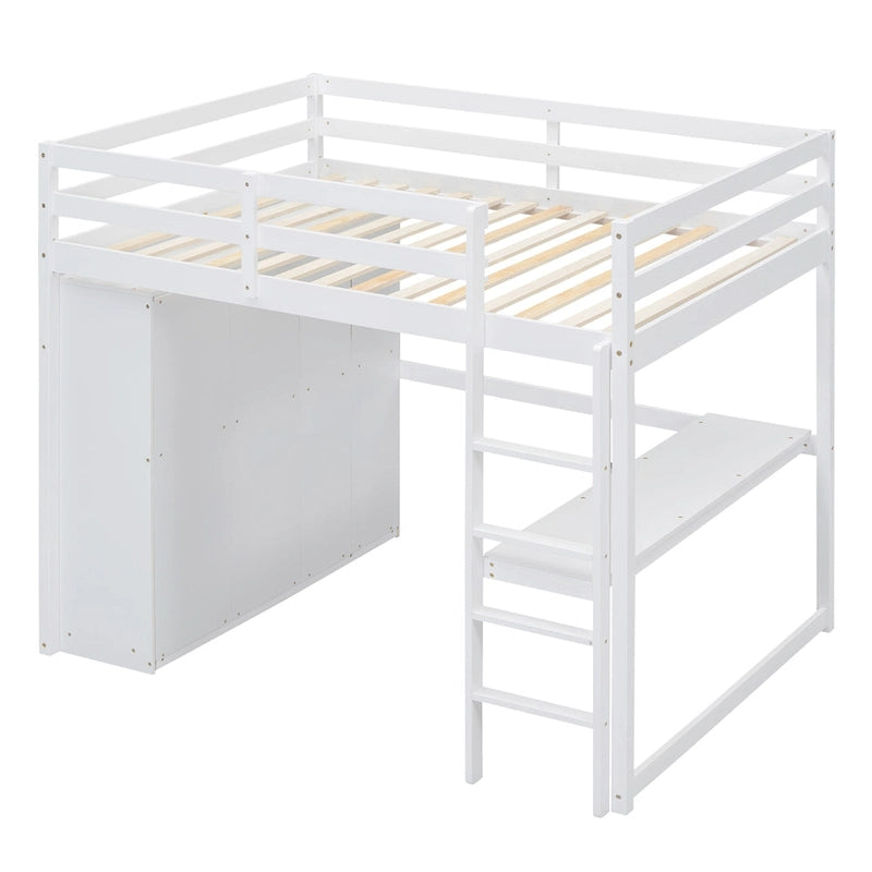 Letto a soppalco bianco/grigio con armadio, scrivania e contenitore, una piazza e mezza, 1 persona