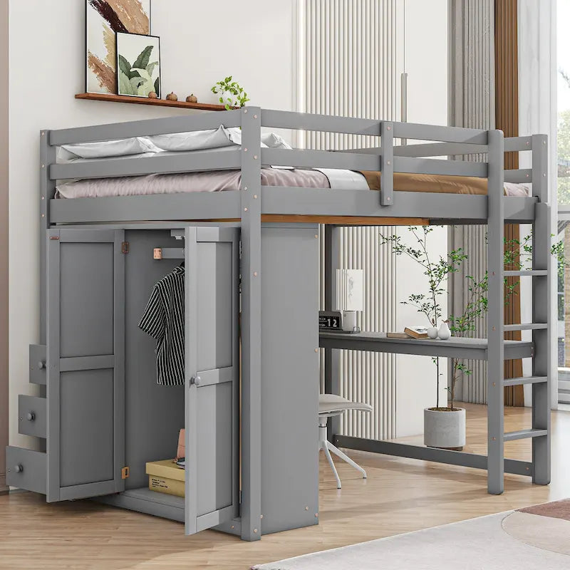 Letto a soppalco bianco/grigio con armadio, scrivania e contenitore, una piazza e mezza, 1 persona