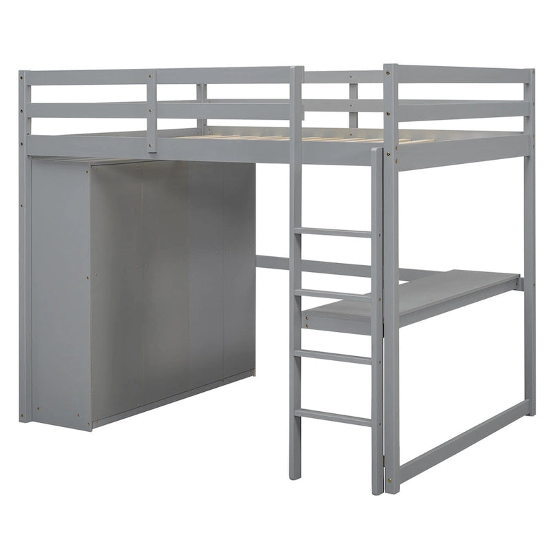 Letto a soppalco bianco/grigio con armadio, scrivania e contenitore, una piazza e mezza, 1 persona