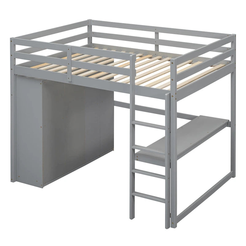 Letto a soppalco bianco/grigio con armadio, scrivania e contenitore, una piazza e mezza, 1 persona