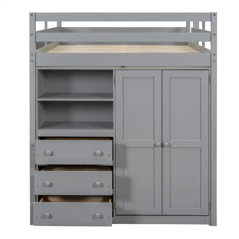 Letto a soppalco bianco/grigio con armadio, scrivania e contenitore, una piazza e mezza, 1 persona