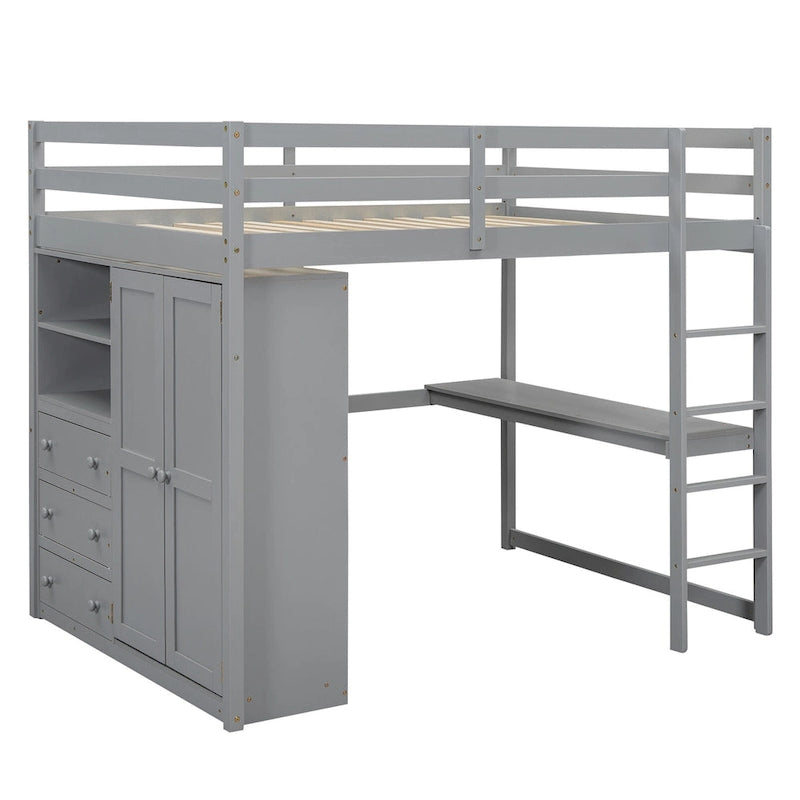 Letto a soppalco bianco/grigio con armadio, scrivania e contenitore, una piazza e mezza, 1 persona