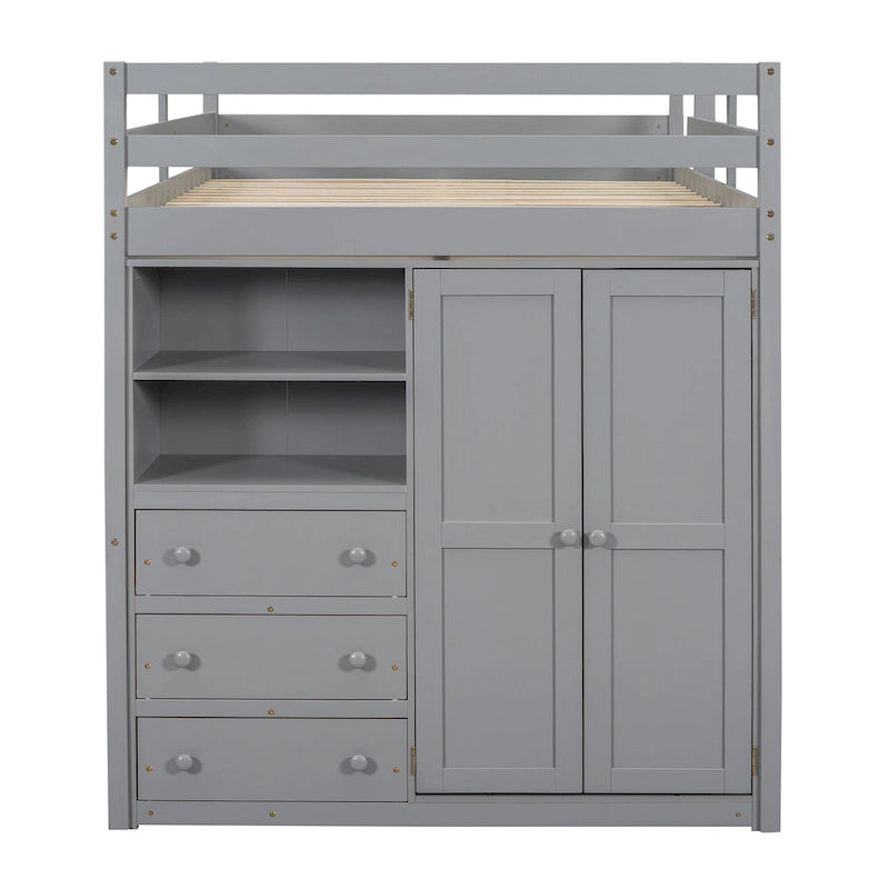 Letto a soppalco bianco/grigio con armadio, scrivania e contenitore, una piazza e mezza, 1 persona