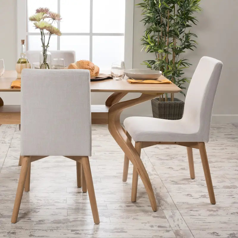 Sedia da pranzo in tessuto, stile Mid-Century, set da 2 – Menta / Beige / Grigio scuro, Gambe in noce o rovere