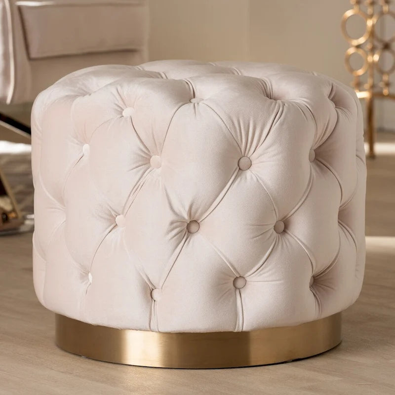 Pouf singolo imbottito con bottoni in velluto grigio/beige/blu/rosa/rosso