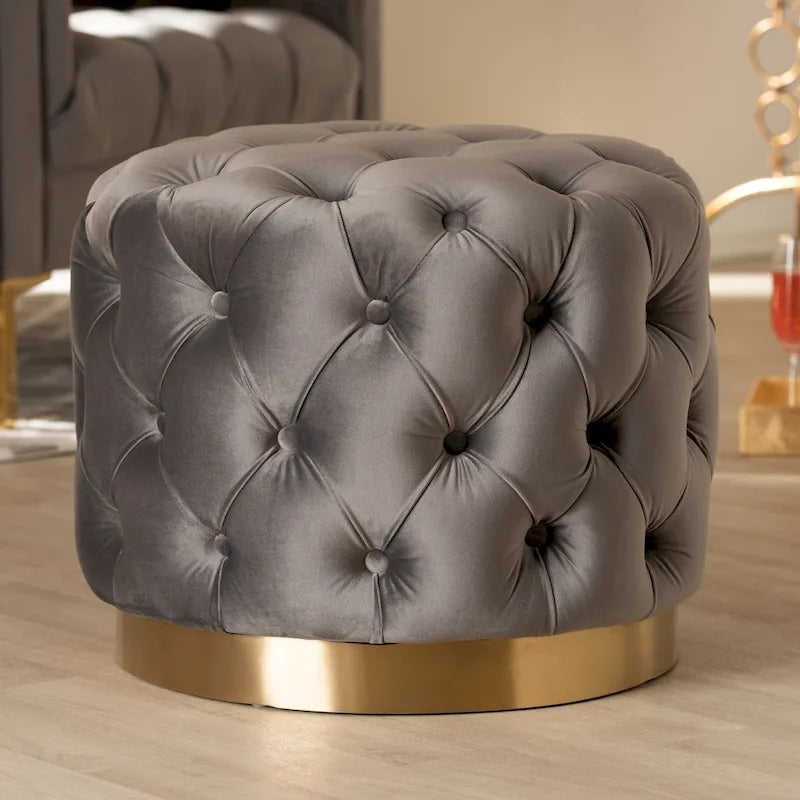 Pouf singolo imbottito con bottoni in velluto grigio/beige/blu/rosa/rosso