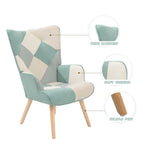 Poltrona accentata in lino blu/rosa/multicolore con pouf, seduta singola, poltrona con schienale alto curvo