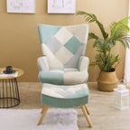 Poltrona accentata in lino blu/rosa/multicolore con pouf, seduta singola, poltrona con schienale alto curvo