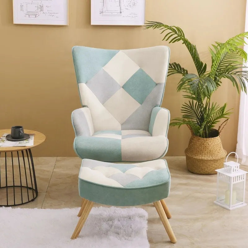 Poltrona accentata in lino blu/rosa/multicolore con pouf, seduta singola, poltrona con schienale alto curvo
