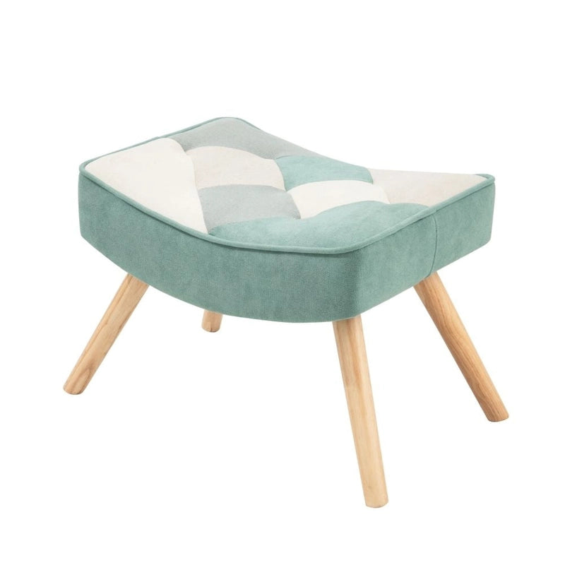 Poltrona accentata in lino blu/rosa/multicolore con pouf, seduta singola, poltrona con schienale alto curvo