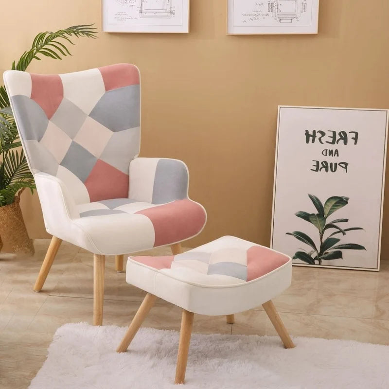 Poltrona accentata in lino blu/rosa/multicolore con pouf, seduta singola, poltrona con schienale alto curvo