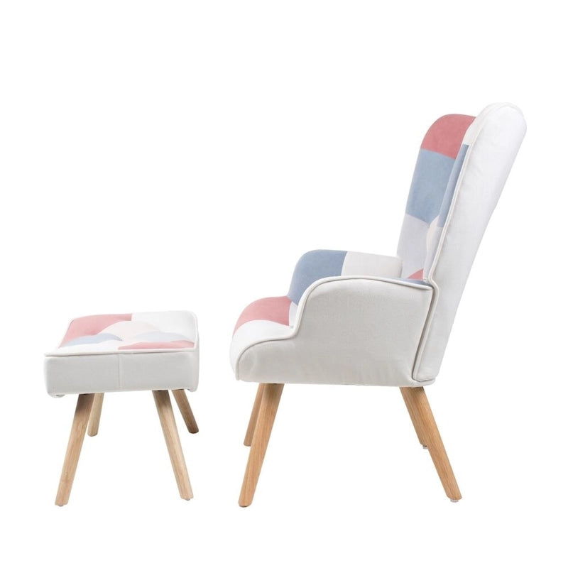 Poltrona accentata in lino blu/rosa/multicolore con pouf, seduta singola, poltrona con schienale alto curvo
