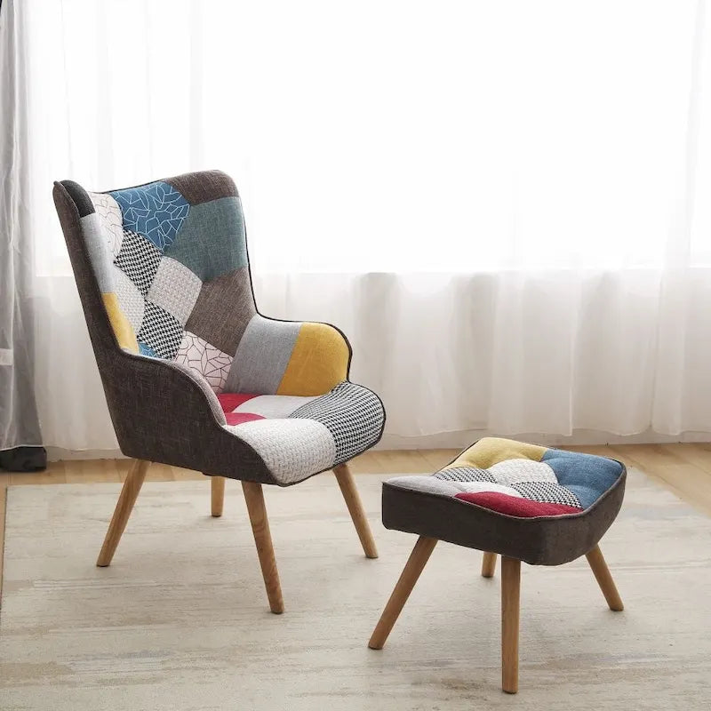 Poltrona accentata in lino blu/rosa/multicolore con pouf, seduta singola, poltrona con schienale alto curvo