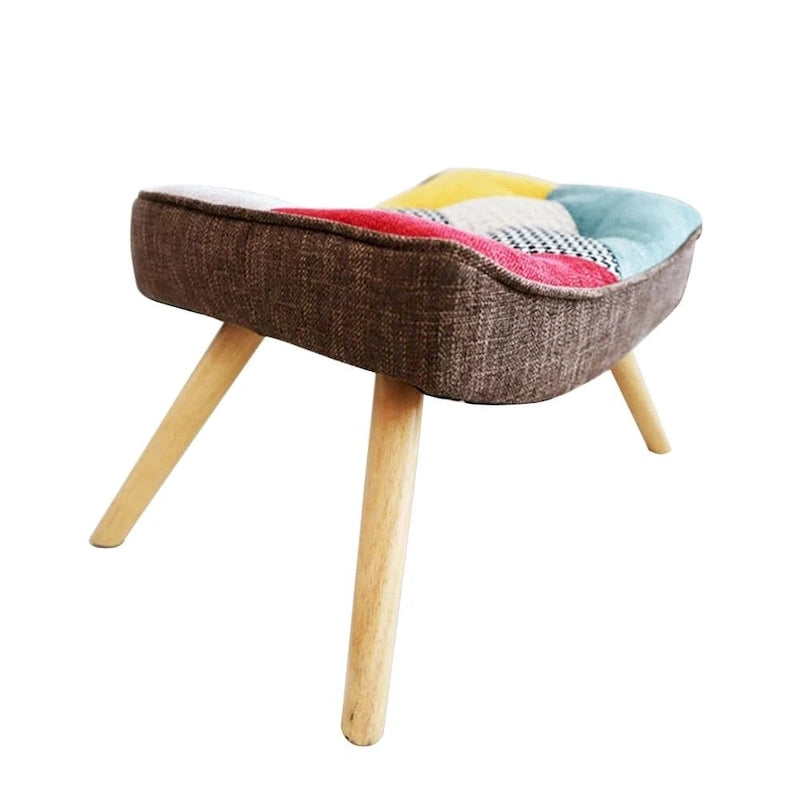 Poltrona accentata in lino blu/rosa/multicolore con pouf, seduta singola, poltrona con schienale alto curvo