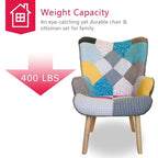Poltrona accentata in lino blu/rosa/multicolore con pouf, seduta singola, poltrona con schienale alto curvo