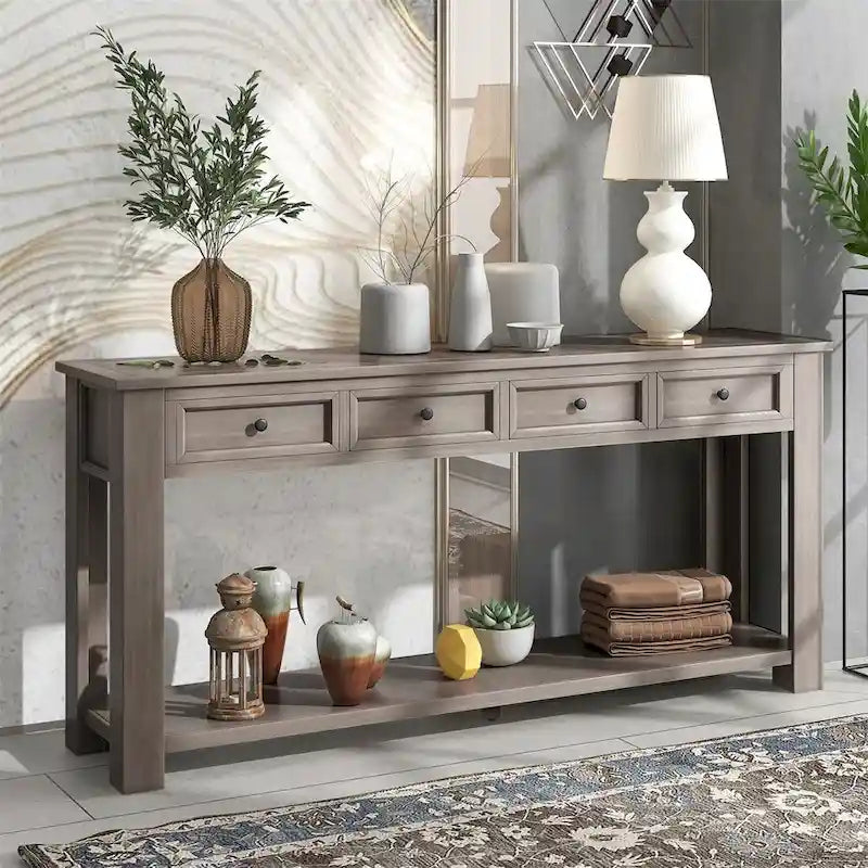 Consolle Mid-Century con 3 Cassetti e 2 Ripiani – Espresso / Blu Marino / Grigio / Bianco / Marrone Chiaro / Blu Scuro