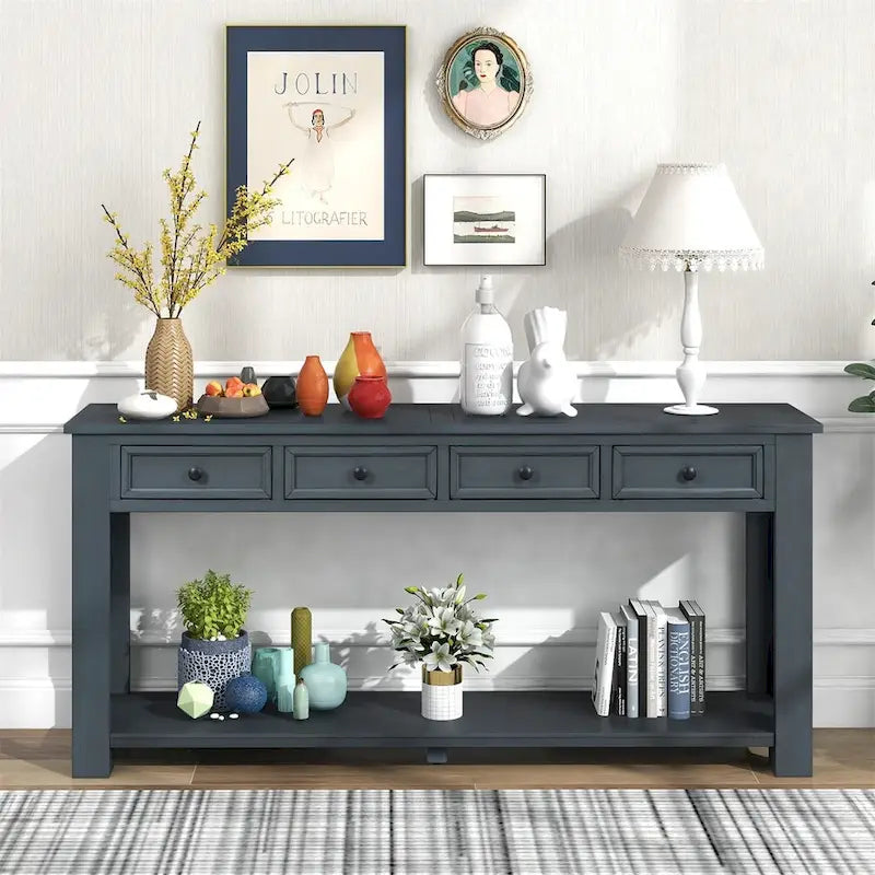 Consolle Mid-Century con 3 Cassetti e 2 Ripiani – Espresso / Blu Marino / Grigio / Bianco / Marrone Chiaro / Blu Scuro
