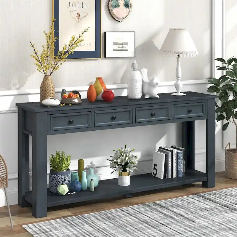 Consolle Mid-Century con 3 Cassetti e 2 Ripiani – Espresso / Blu Marino / Grigio / Bianco / Marrone Chiaro / Blu Scuro