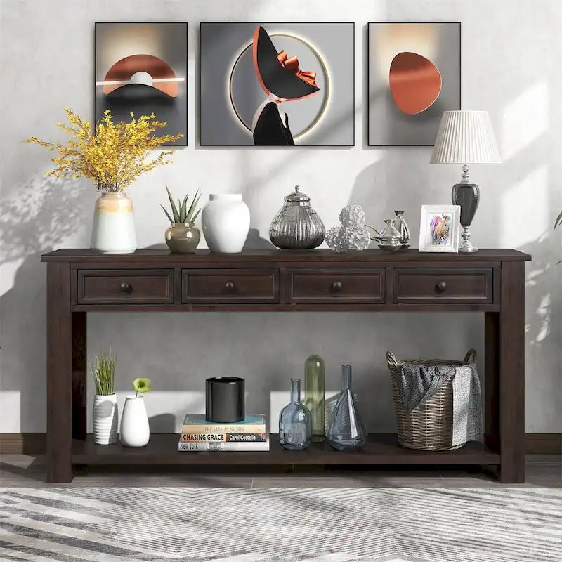 Consolle Mid-Century con 3 Cassetti e 2 Ripiani – Espresso / Blu Marino / Grigio / Bianco / Marrone Chiaro / Blu Scuro