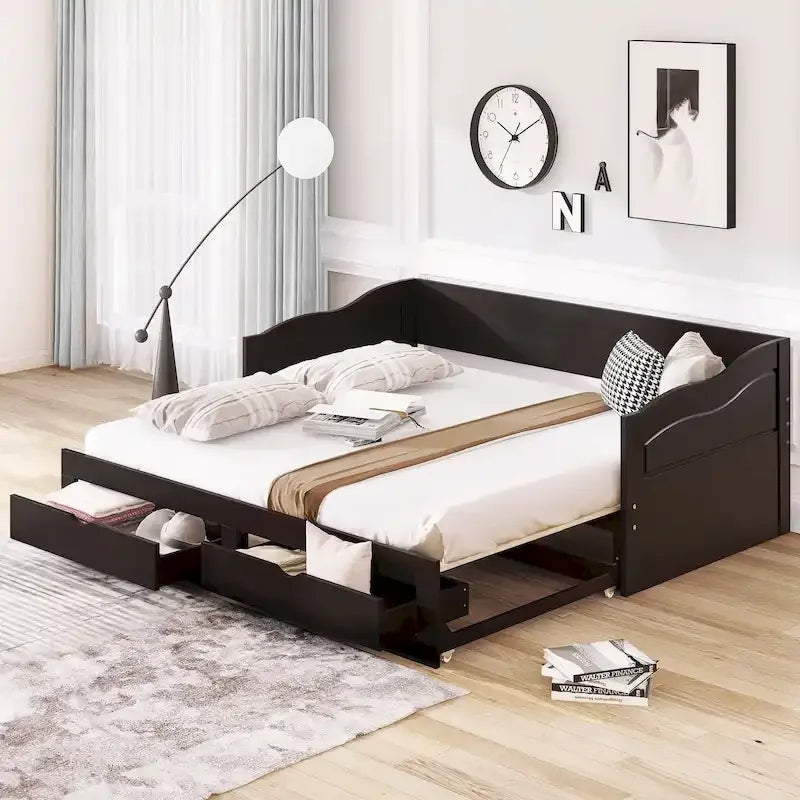 Divano letto allungabile grigio / bianco / espresso con letto estraibile, da singolo a matrimoniale, per 2 persone