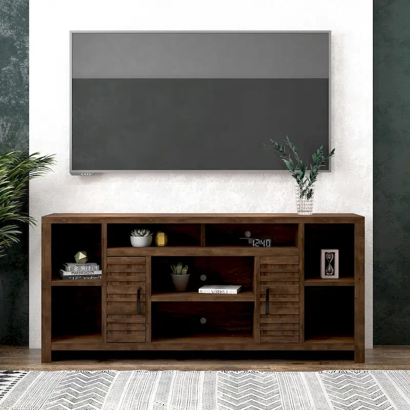 Mobile TV da Consolle in Legno Finitura Whiskey, 2 Ante, Adatto a TV fino a 85 pollici