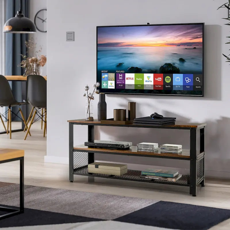 Mobile TV Marrone Rustico e Nero con 3 Ripiani, Adatto a TV fino a 50"