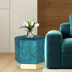 Pouf esagonale blu, rivestimento in pelle scamosciata, seduta singola